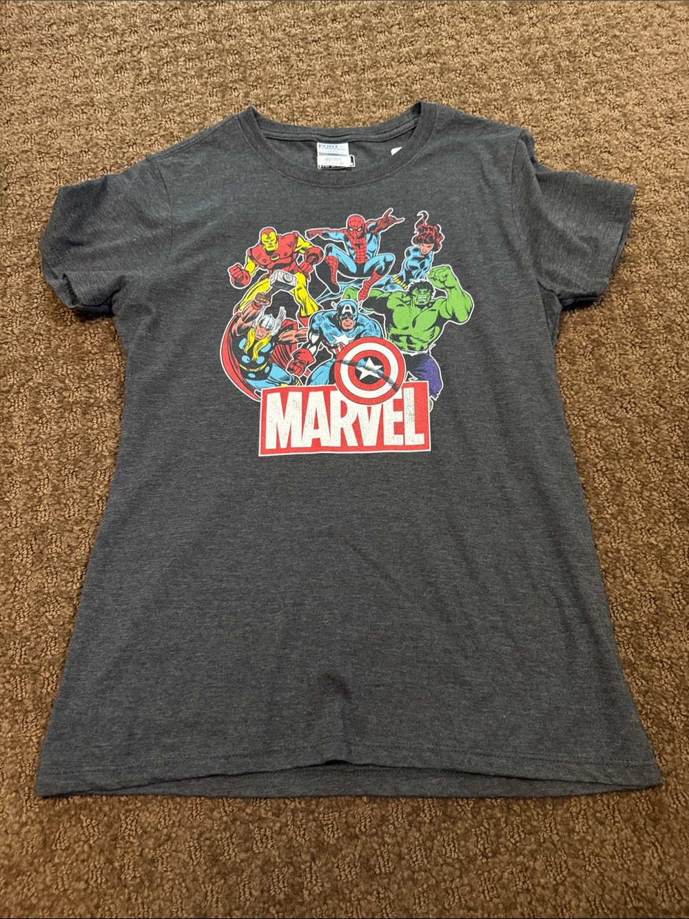 Marvel Charcoal Gray Tee with Multicolor Superhero Print